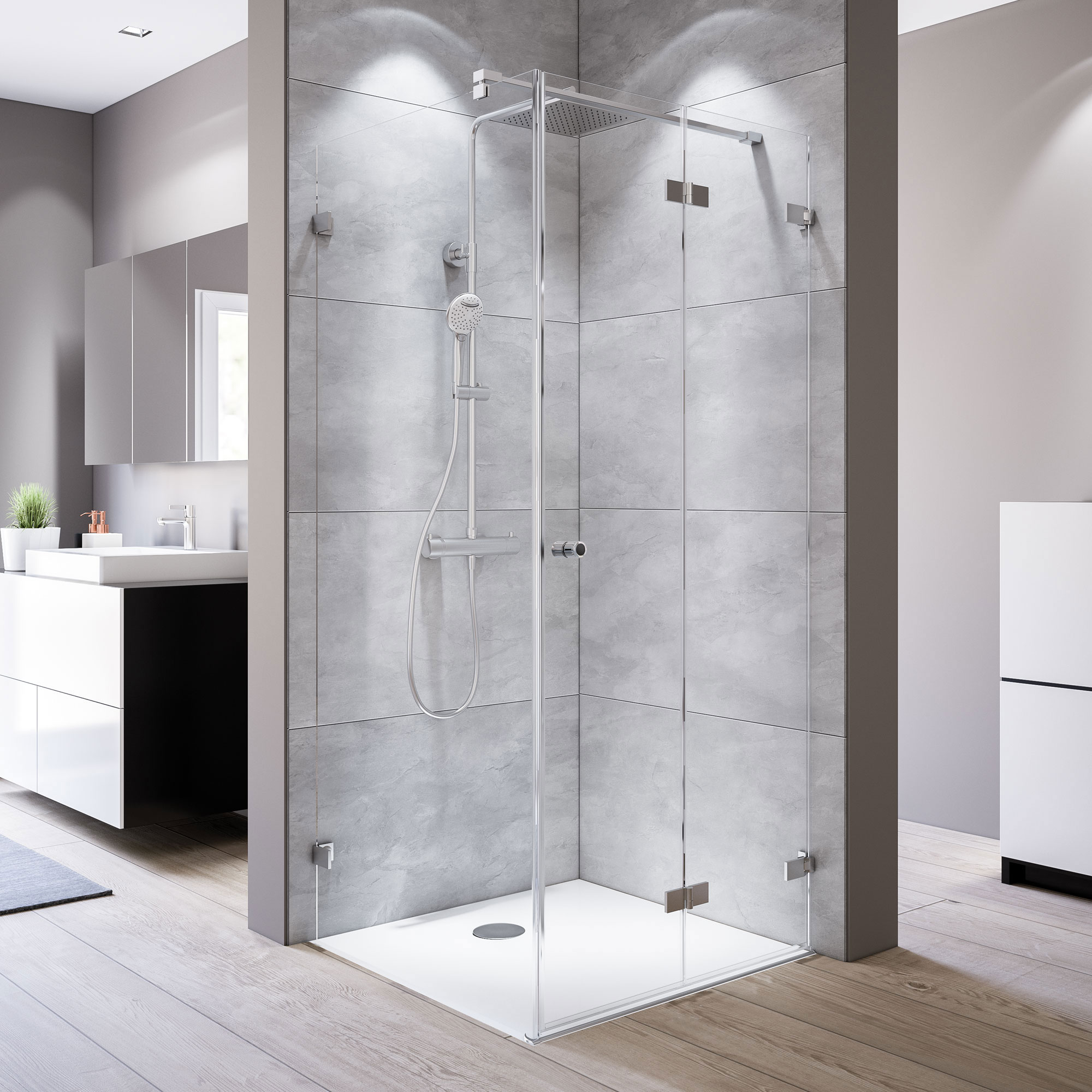 MK930 Drehfalttür rechts mit Seitenwand links, rahmenlos_5598