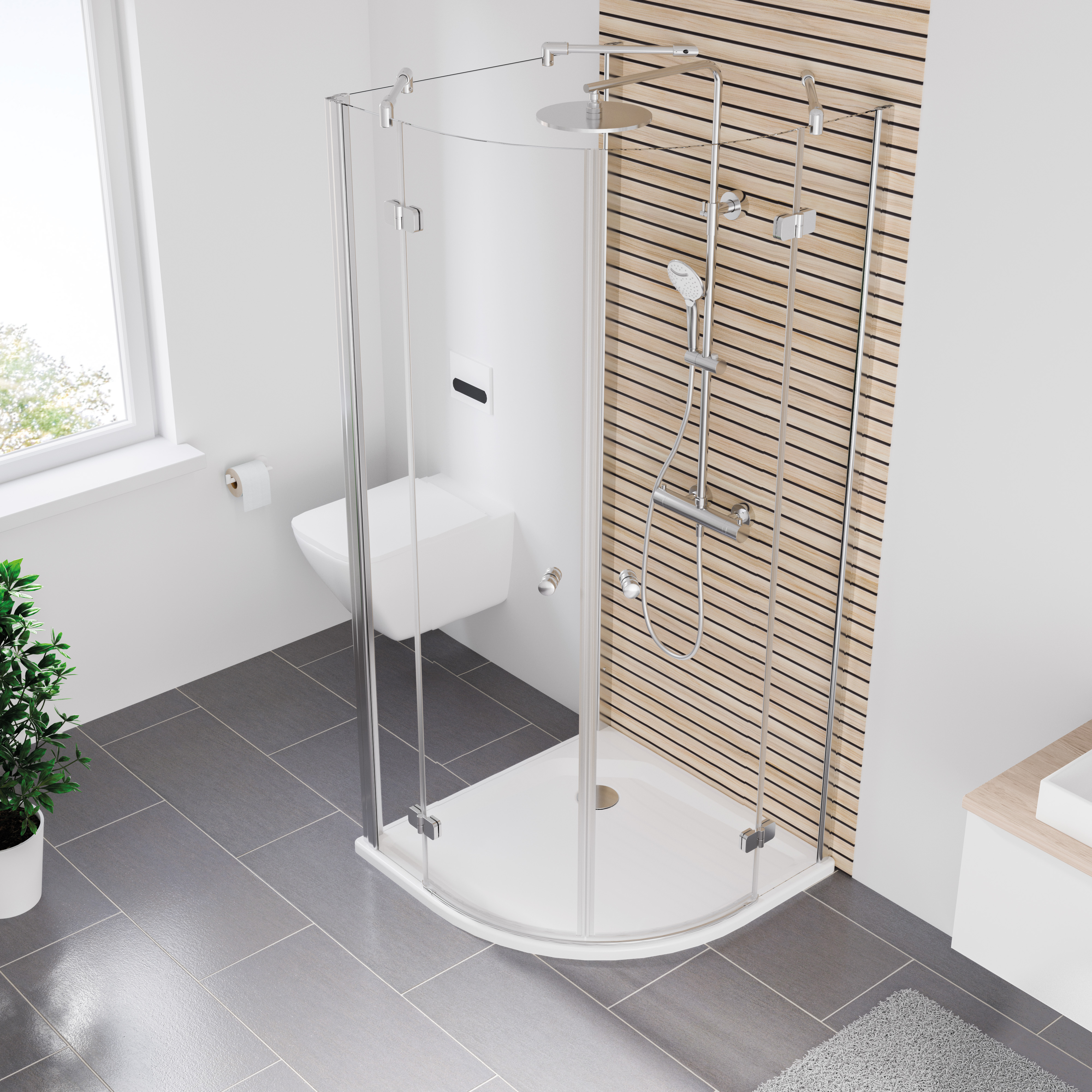 MK600_U-Kabine-Runddusche-4tlg_5128_Vogelperspektive MK600 U-Kabine Runddusche 4-teilig mit Seitenwand links, Radius 550, Vogelperspektive