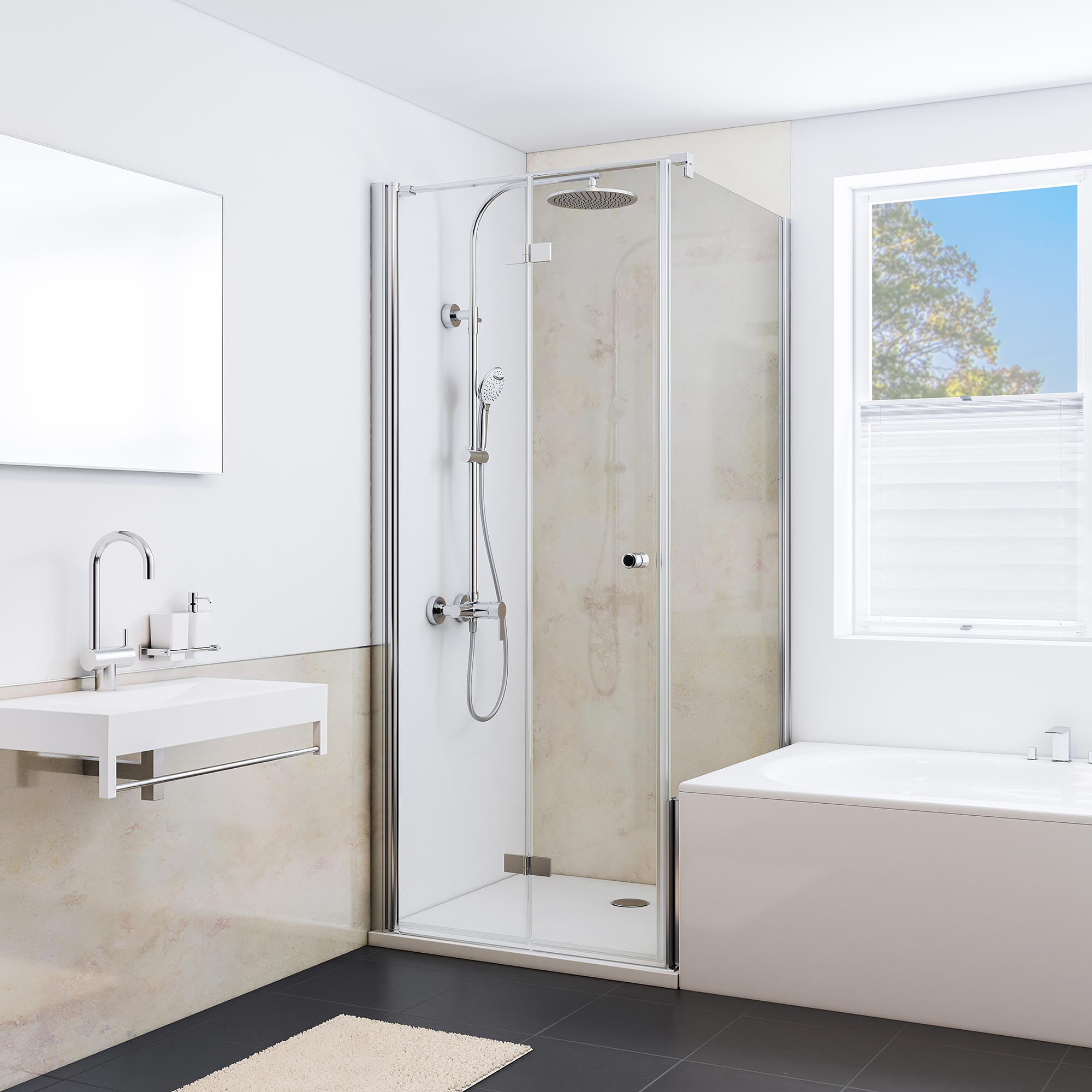 Duschrückwand Dekor Hochglanz Sandstein beige Stimmungsbild