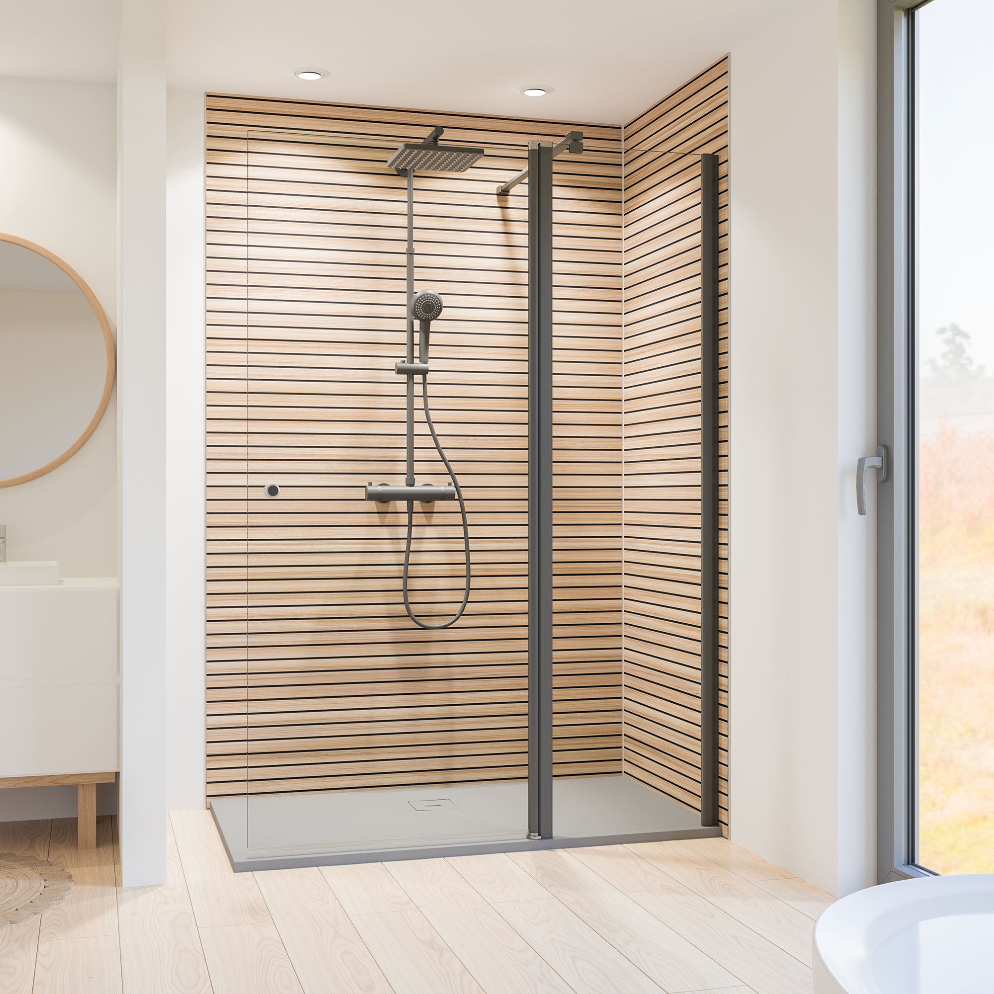 Duschwand mit beweglichen Element in der Flucht, Anschlag rechts, schwarz matt