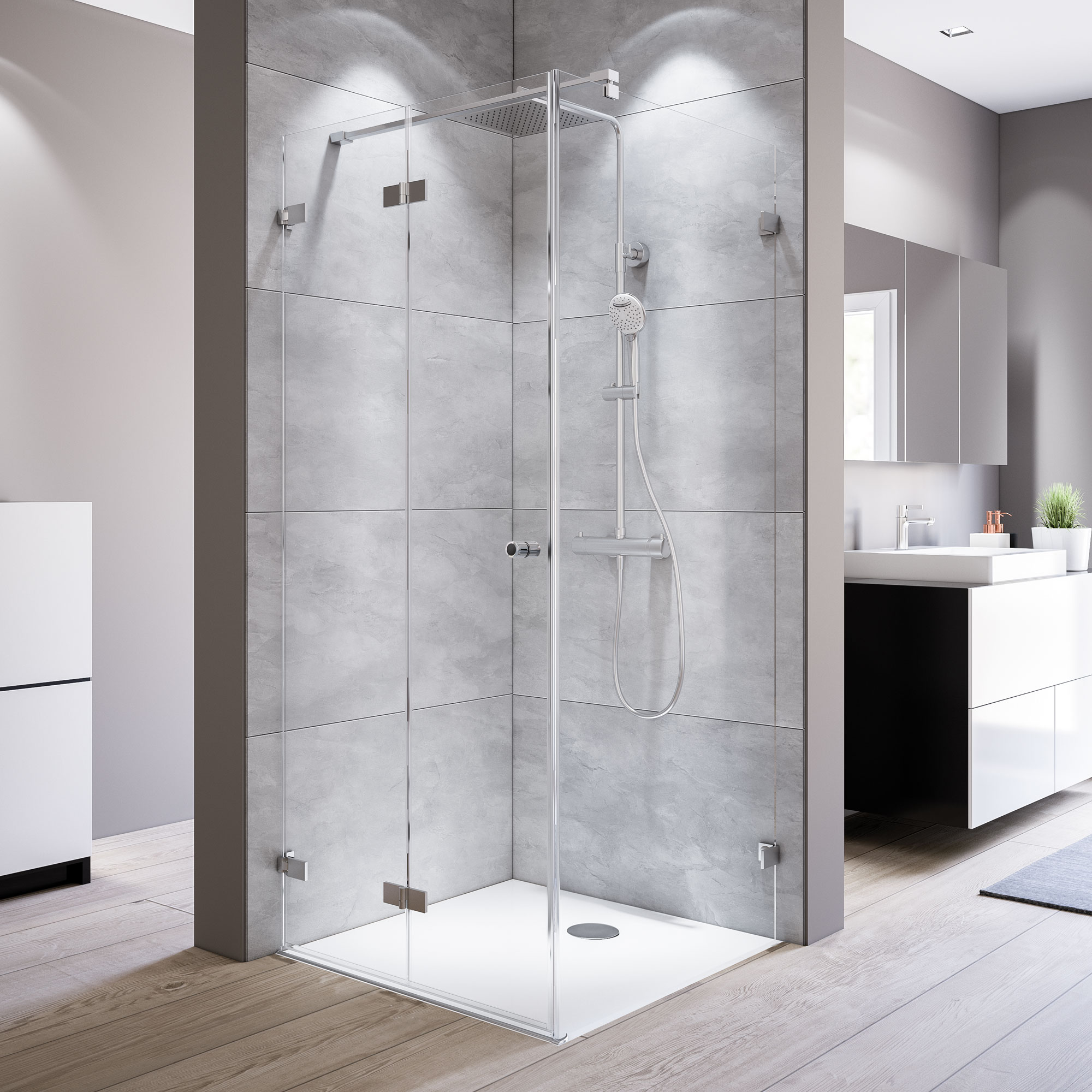 MK930 Drehfalttür links mit Seitenwand rechts, rahmenlos_5629