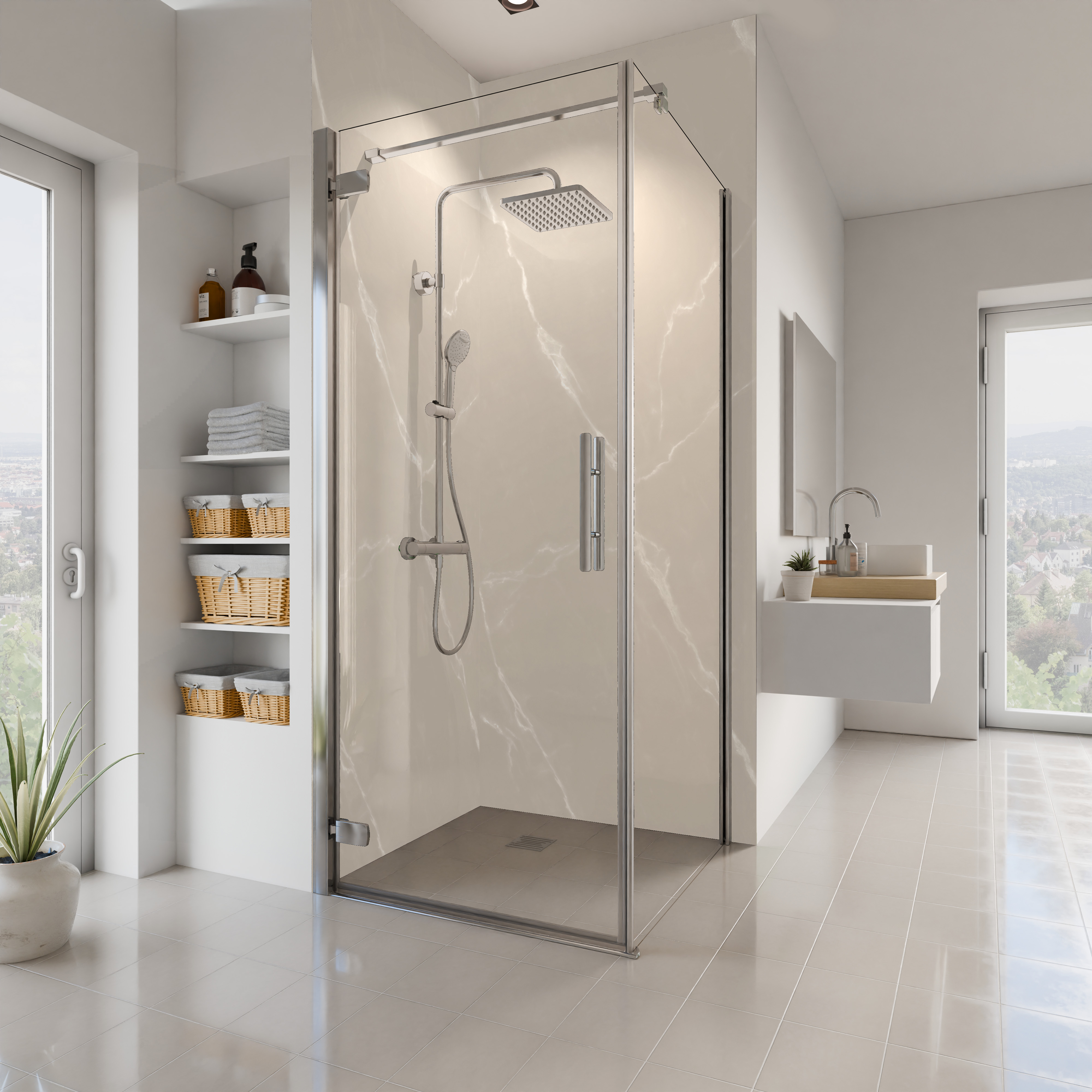 Dekor Paneele Hochglanz Marmor Beige Weiß Eckeinstieg