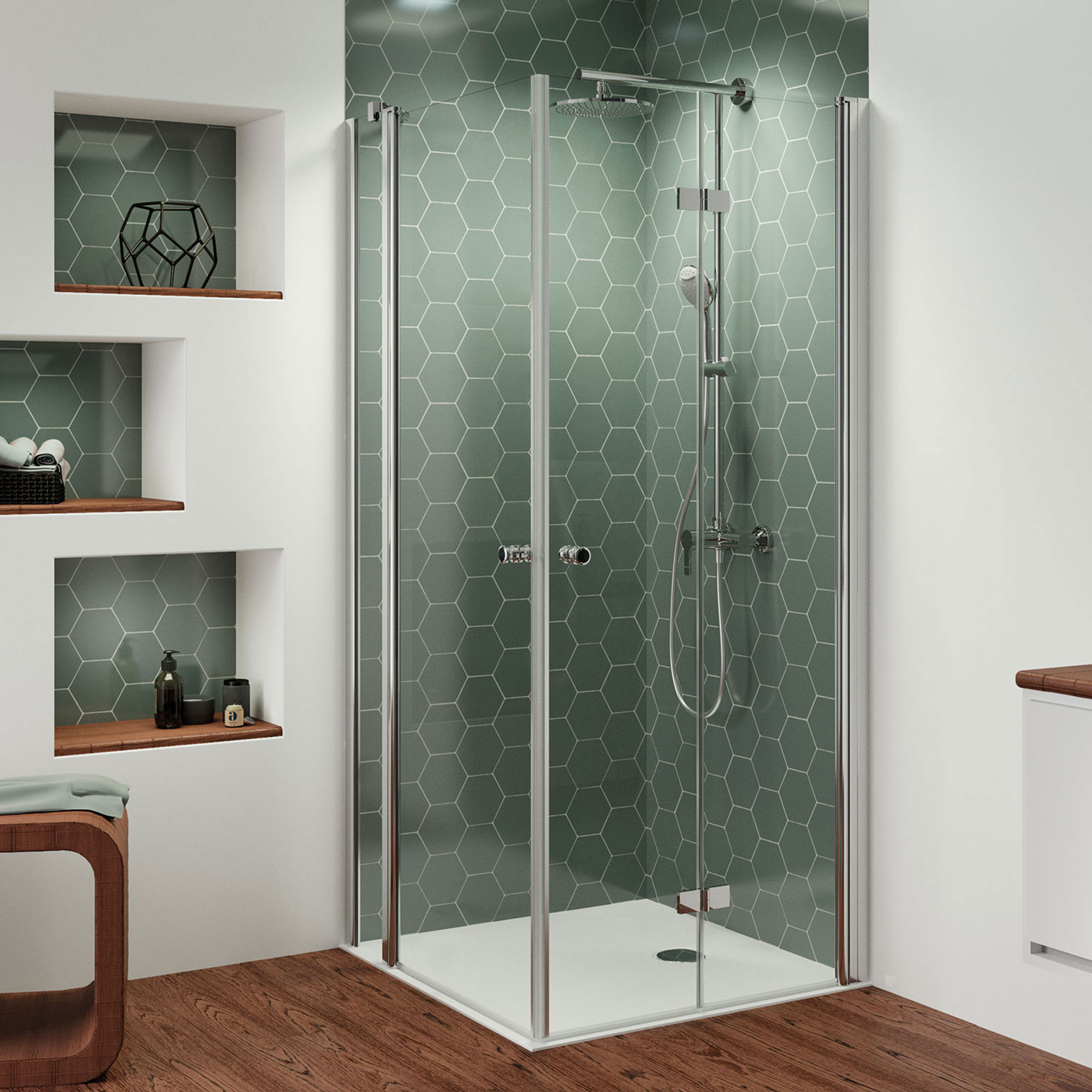 Eckeinstieg Kombination Drehtür rechts/ Drehtür mit Festteil links, rund